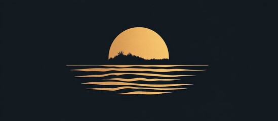 Aufkleber - Minimalistic sunset silhouette over calm water with copy space for text. Warm gold and dark color palette, abstract design elements.
