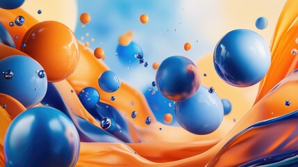 Fototapete - Colorful abstract composition with floating spheres and fluid shapes in shades of blue and orange, suitable for backgrounds and textures, Copy Space