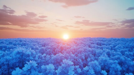 Aufkleber - Vibrant sunset over a field of blue flowers with soft clouds and ample copy space for text placement