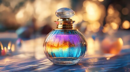 Poster - Colorful glass perfume bottle with shimmering reflections and bokeh background Copy Space