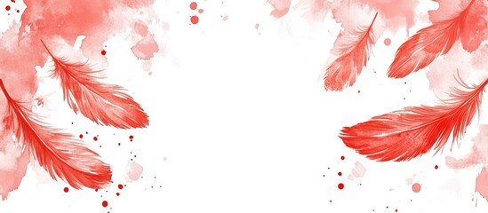 Poster - Red watercolor feathers with splashes on a white background creating a decorative border with ample copy space.