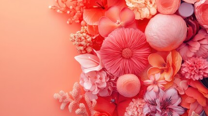 Aufkleber - Colorful floral arrangement in shades of pink and coral with textured petals and organic elements on a soft gradient background with Copy Space.