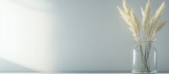 Poster - Minimalist still life composition with pampas grass in a glass vase against a soft light gray background with Copy Space