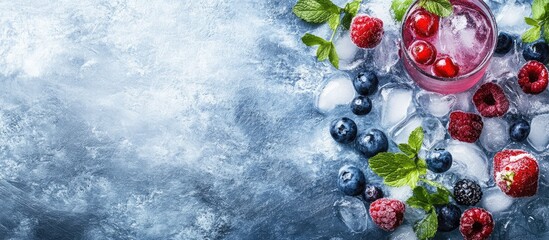 Aufkleber - Fresh berries and mint leaves surrounding a refreshing drink on ice with Copy Space for text placement
