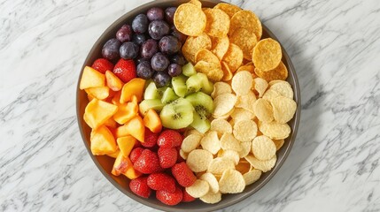 Aufkleber - Colorful fruit platter with blueberries strawberries kiwi cantaloupe and chips on marble surface Copy Space