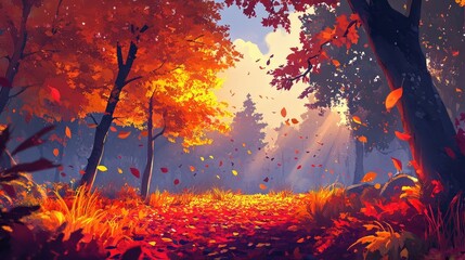 Poster - Autumn forest landscape with vibrant orange and yellow foliage, sunlight filtering through trees, and colorful leaves swirling in the air, Copy Space