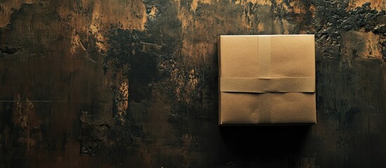 Fototapete - Brown cardboard box on textured dark surface with copy space for text or branding.