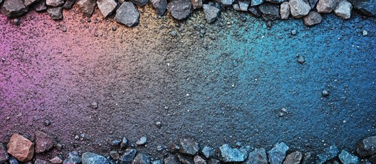 Poster - Colorful gradient background with wet pavement and scattered stones creating a textured frame Copy Space