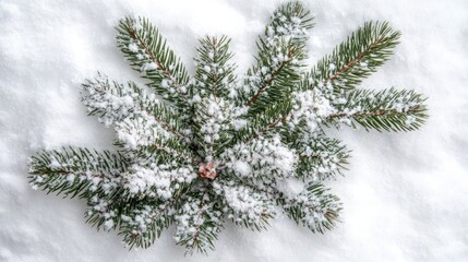 Poster - Snow-covered pine branches on white snow background with natural texture and detail Copy Space