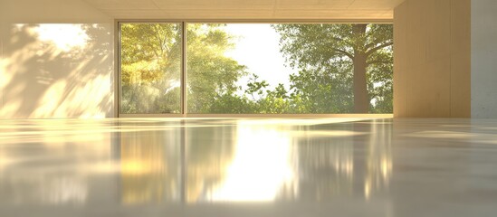 Aufkleber - Spacious modern interior with large windows revealing a natural landscape and abundant sunlight Copy Space