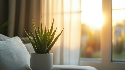 Aufkleber - Aloe vera plant in white pot on sofa with sunlight streaming through window and sheer curtains, warm ambiance with copy space.
