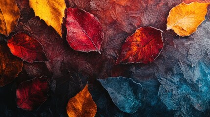 Poster - Autumn leaves in vibrant colors on textured background with copy space for text placement