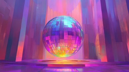 Poster - Colorful disco ball reflecting light in abstract vibrant surroundings with copy space for text.