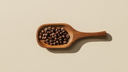 Poster - Wooden scoop with coffee beans on a neutral background with Copy Space for text placement