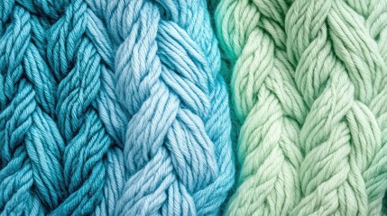 Poster - Textured close-up of braided yarn in varying shades of blue and green with Copy Space for text placement