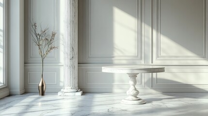 Poster - Elegant interior with marble flooring, decorative column, and minimalist table showcasing soft natural light and shadows, Copy Space