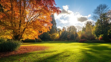 Poster - Autumn landscape with vibrant foliage and sunlit sky showcasing colorful trees and grassy field with copy space.