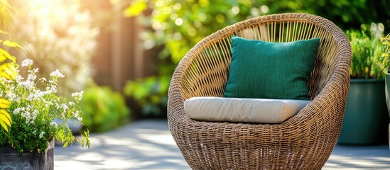 Aufkleber - Cozy rattan chair with green cushion in a lush garden setting Copy Space