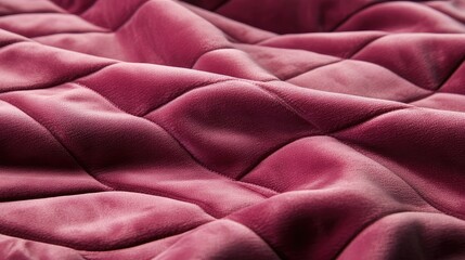 Poster - Close-up of textured red fabric with quilted pattern and soft sheen showcasing folds and curves Copy Space