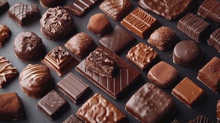 Poster - Assorted chocolate confectionery assortment on dark background with various shapes and textures Copy Space