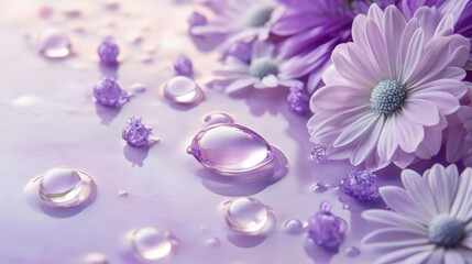 Poster - Purple flowers and water droplets on a reflective surface with Copy Space for text placement