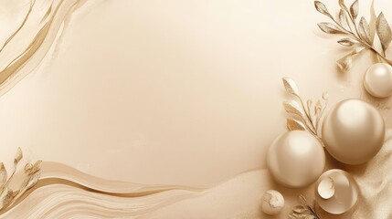 Poster - Elegant gold and cream background with decorative spheres and leaves Copy Space for holiday or luxury themes