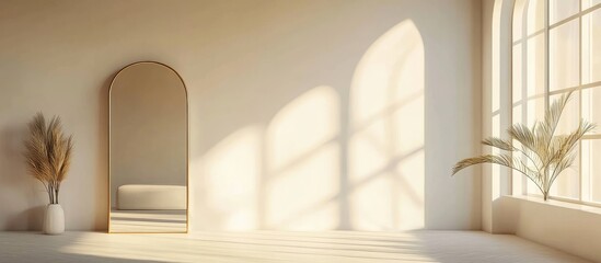 Poster - Minimalist interior design with large windows, neutral tones, arch mirror, and decorative plant in bright natural light Copy Space