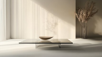 Poster - Modern minimalistic living room interior with coffee table and decorative vase, natural light streaming through sheer curtains, Copy Space.