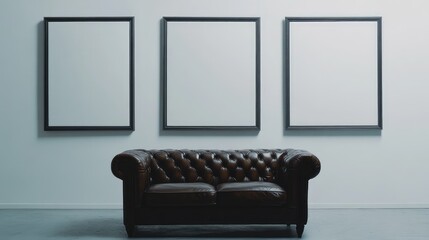 Poster - Chesterfield sofa in minimalist room with three empty frames on the wall and ample copy space for text or graphics