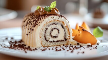 Aufkleber - Chocolate roll cake slice with cream frosting and decorative mint leaves on a white plate, featuring chocolate shavings and fruit garnish. Copy Space