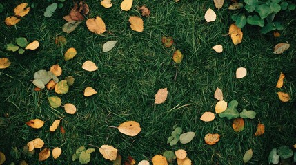 Aufkleber - Colorful autumn leaves scattered on green grass creating a natural background with copy space for text
