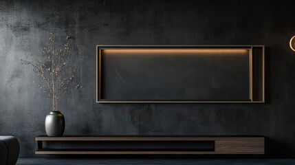 Poster - Modern minimalist interior design featuring a dark wall with a wooden shelf, vase with branches, and ambient lighting Copy Space