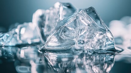 Poster - Close-up of clear ice cubes melting on a reflective surface with cool blue tones and copy space for text.