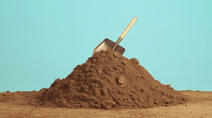 Poster - Shovel resting on top of a large pile of dirt against a blue background showcasing earthy tones and Copy Space for text placement