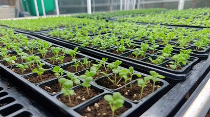 Poster - Greenhouse Seedlings on Trays in Controlled Environment with Copy Space for Text