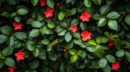 Poster - Vibrant red flowers among lush green leaves with ample copy space for text placement