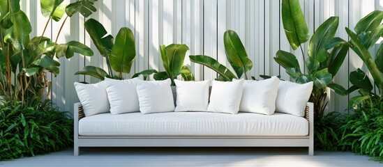 Aufkleber - Modern outdoor sofa with white cushions surrounded by lush green plants against a light-colored wall Copy Space