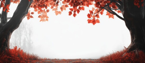 Poster - Autumn landscape with red foliage framing a foggy white space, perfect for text overlay, Copy Space available