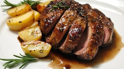 Poster - Grilled meat dish with sliced roast and seasoned potatoes garnished with rosemary on a white plate with Copy Space