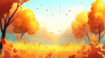 Aufkleber - Autumn landscape with vibrant orange trees and falling leaves in a grassy field under a blue sky and soft clouds Copy Space