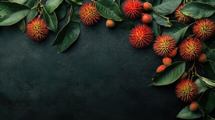 Poster - Vibrant red spiky fruits and green leaves arranged on dark textured background with ample copy space for text insertion
