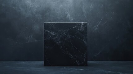 Leinwandbilder - Black marble cube on dark textured background with dramatic lighting and copy space for design elements.