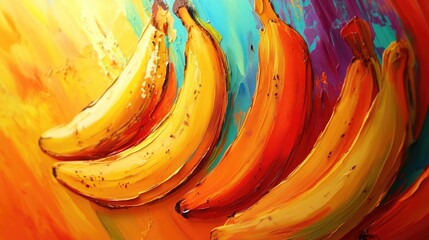 Leinwandbilder - Colorful abstract painting of bananas with vibrant orange and yellow tones and blue background showcasing artistic brush strokes Copy Space