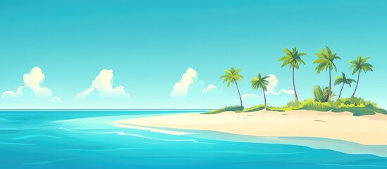 Poster - Tropical beach landscape with palm trees and clear blue ocean water in a sunny sky with copy space for text.