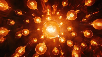 Poster - Abstract composition of warm glowing vintage light bulbs with a radial blur effect and copy space for text insertion.