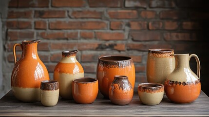 Poster - Assorted ceramic pottery with orange and beige glaze against a rustic brick wall with Copy Space for text