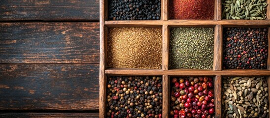 Poster - Various spices in wooden compartmentalized tray arranged on rustic wooden surface with Copy Space