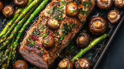 Poster - Roasted pork tenderloin with mushrooms and asparagus on baking tray garnished with herbs and spices Copy Space
