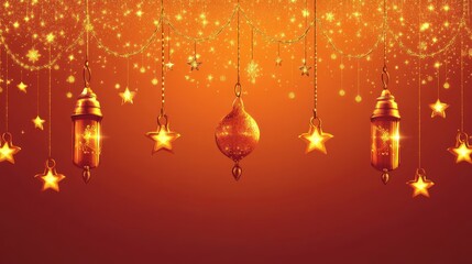 Poster - Golden festive decorations with lanterns, stars, and glittering lights on orange background with copy space for text