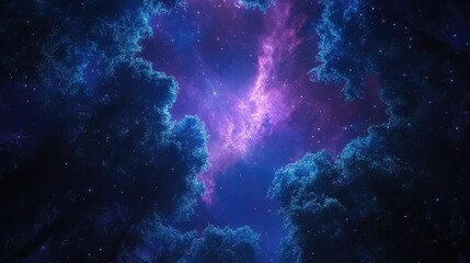 Poster - cosmic night sky with vibrant purple and blue nebula seen through silhouetted forest trees copy spac